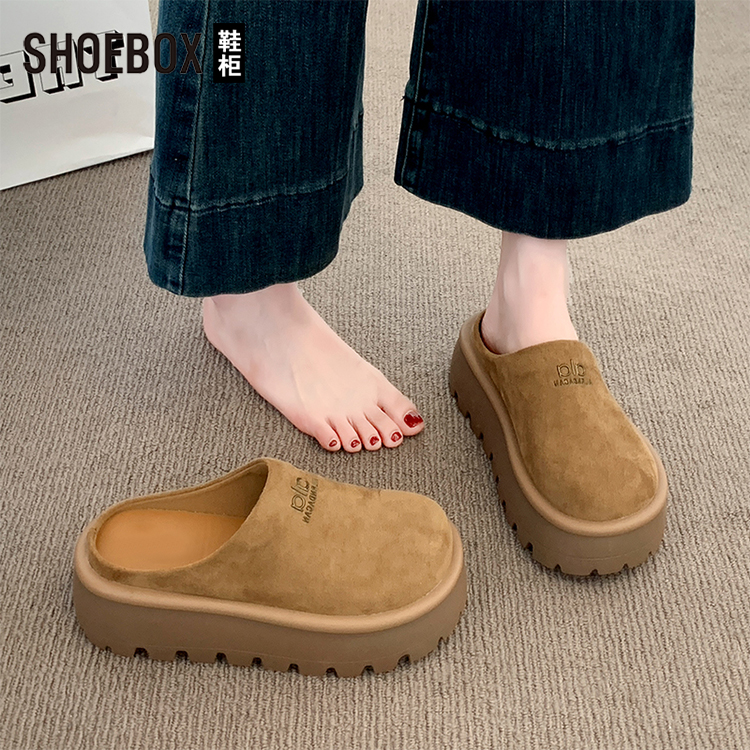 SH0EBOX鞋柜6cm厚底增高勃肯鞋百搭女2025秋新款一脚蹬包头半拖鞋