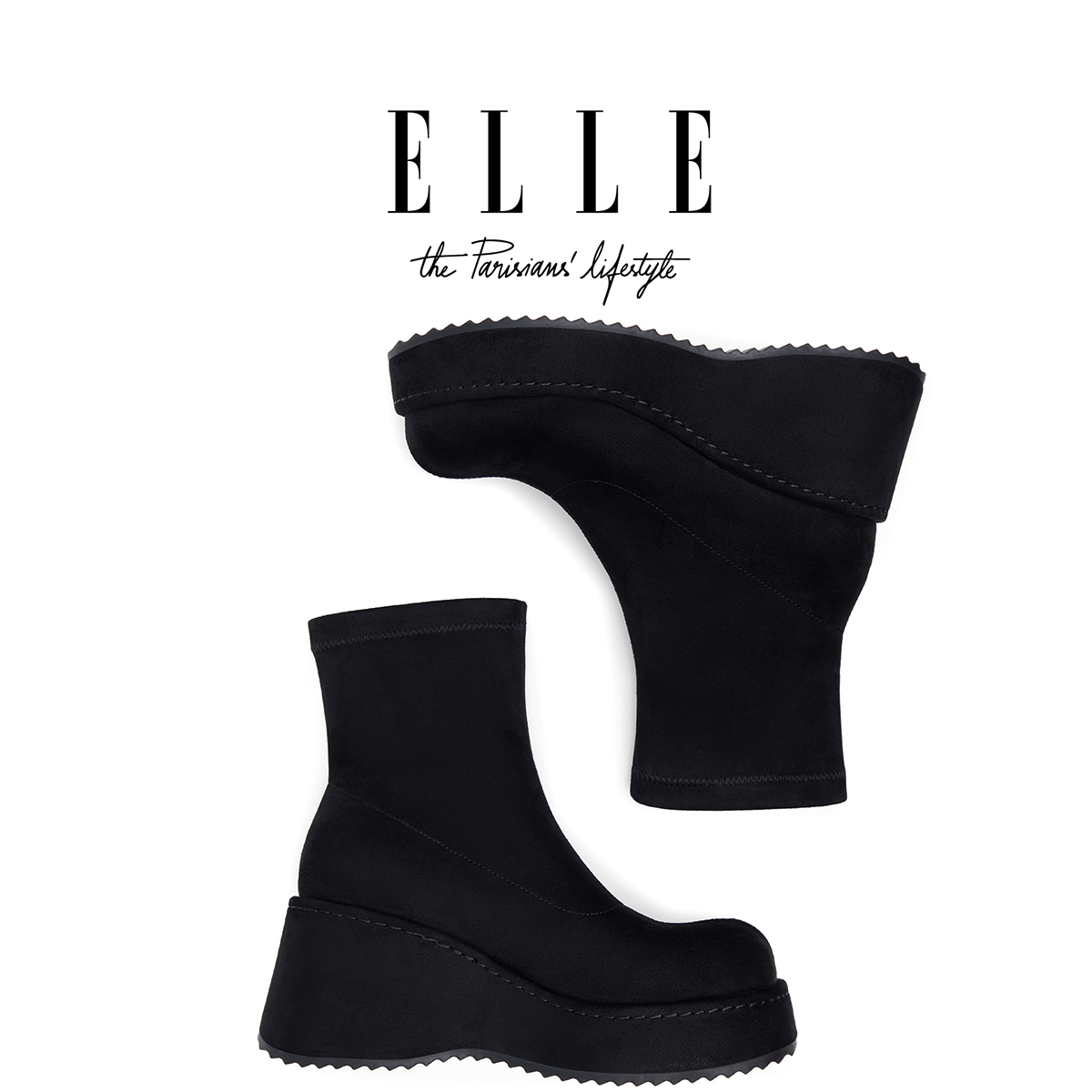 ELLE黑色弹力瘦瘦靴女英伦风马丁靴2025秋冬新款韩系厚底高跟短靴