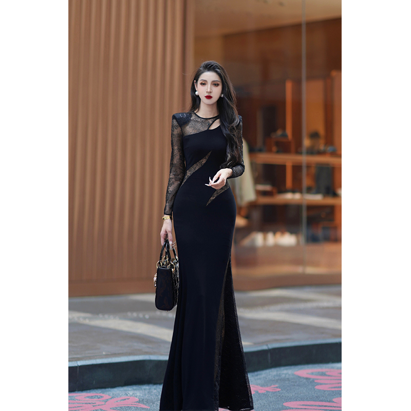 【尤克菲儿】原创高定轻奢水晶麻拼接蕾丝长袖法式名媛宴会连衣裙