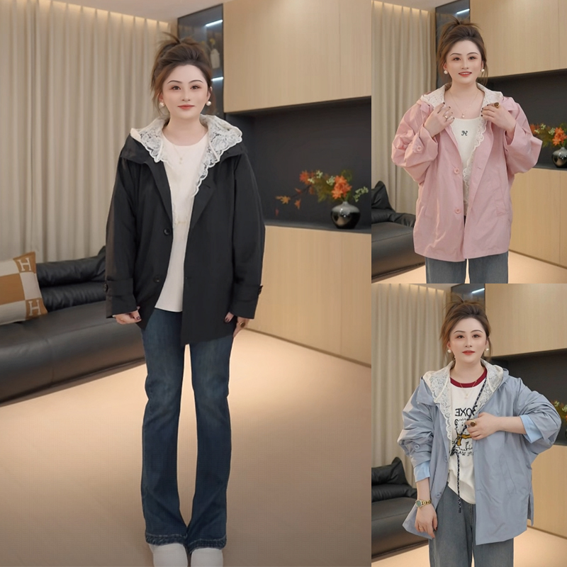 【胖佳佳】现货~奇幻梦境 蕾丝拼接连帽外套秋装减龄百搭H625T07057