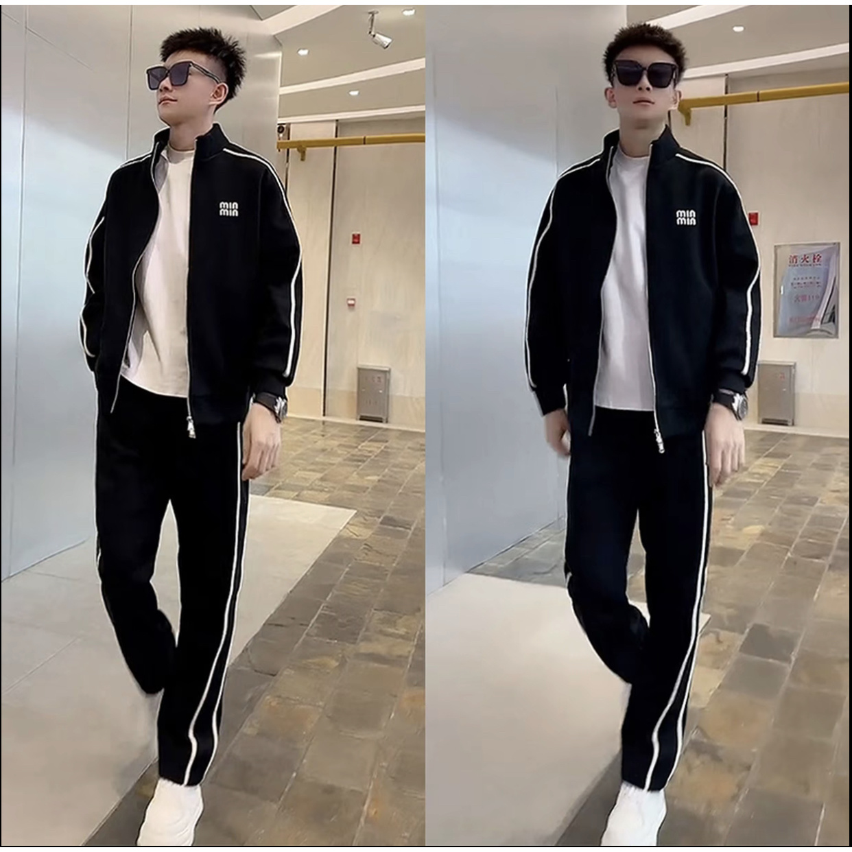 2025秋季新款休闲套装男士高级感显瘦拼接立领外套直筒长裤两件套