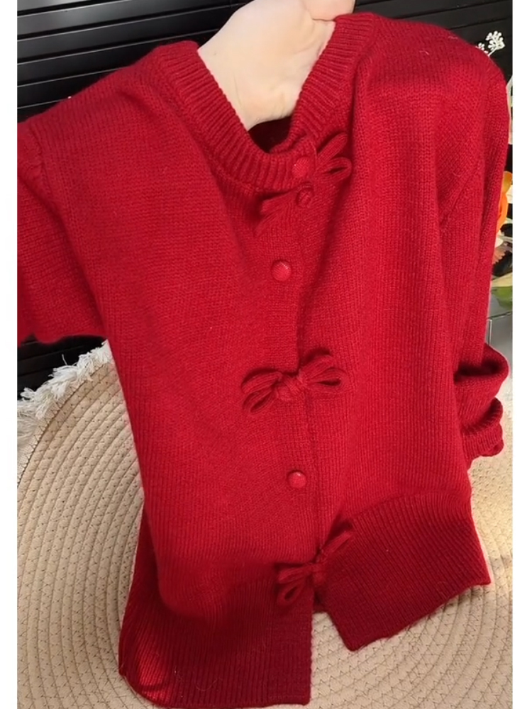 多巴胺新年红色氛围感蝴蝶结开衫女冬韩系高级感减龄小众毛衣外套