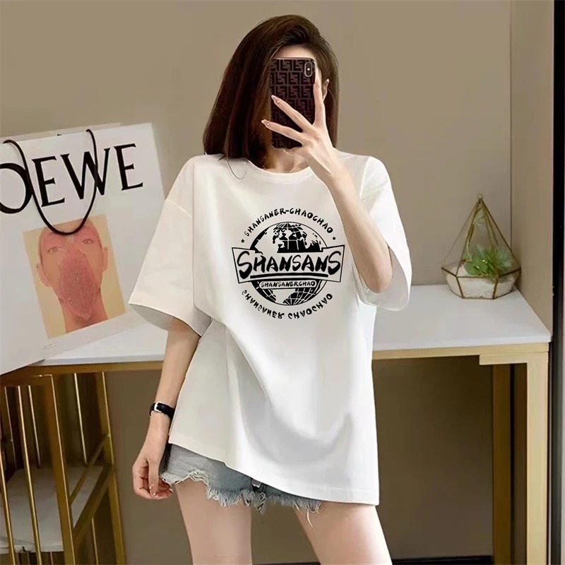 高级感ins女士纯棉印花短袖t恤衫2025夏季新款中长款欧货大版上衣