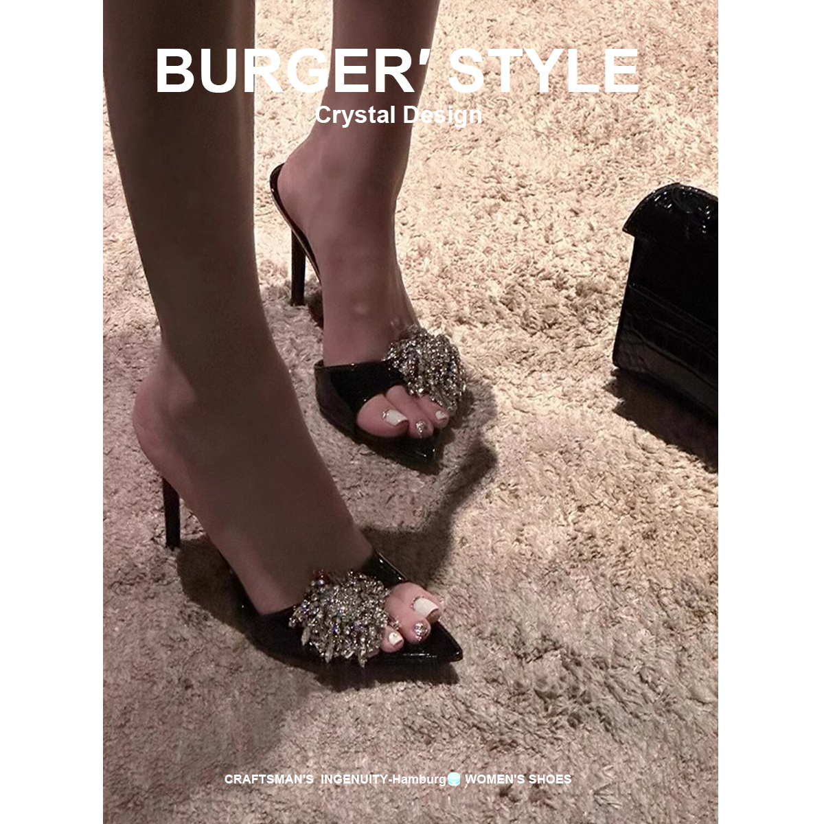 2025夏新款尖头水钻一字带凉鞋女细跟露趾高跟半拖鞋外穿时尚百搭