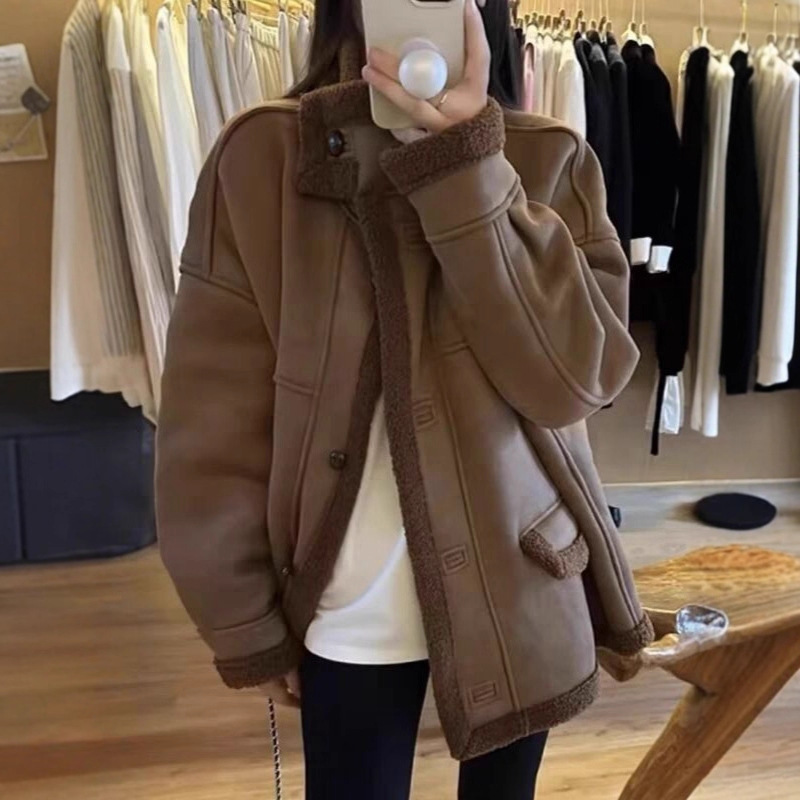 麂皮绒皮毛一体保暖外套女2025冬季新款立领加厚羊羔毛机车服上衣