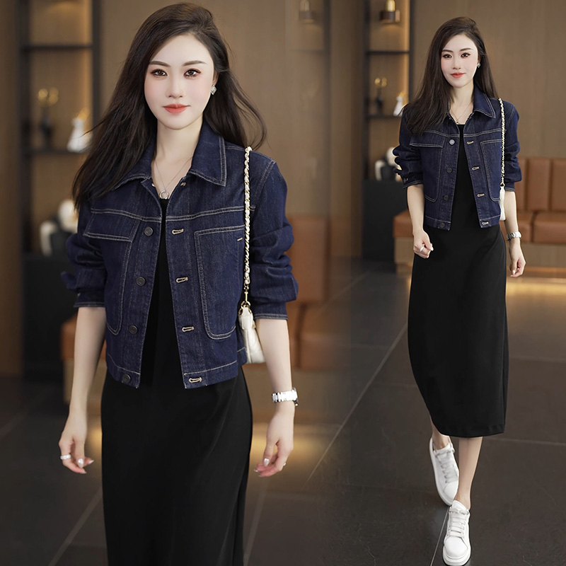 轻熟风时尚套装女2025秋季新款洋气牛仔短外套黑色连衣裙两件套潮