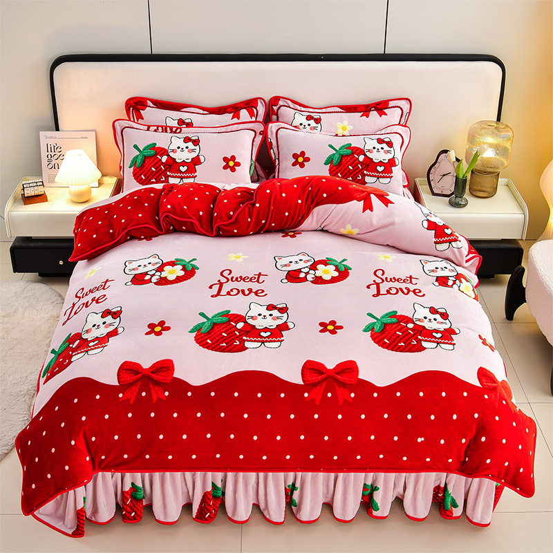 秋冬新款牛奶绒四件套加绒床裙床单被套卡通款加厚保暖双面绒床品