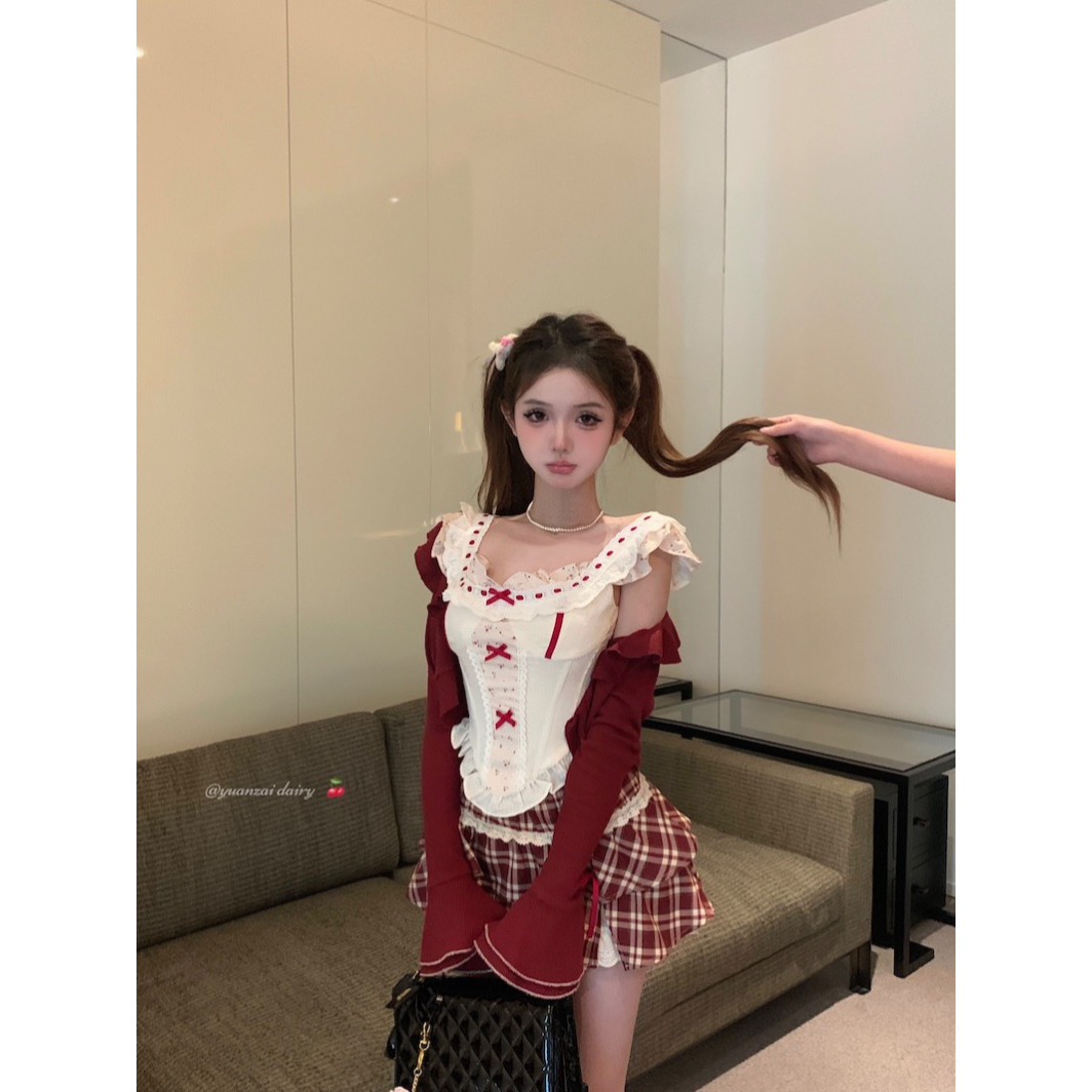 蕾丝拼接白色吊带背心女夏季甜美温柔短款蝴蝶结上衣格子半身短裙