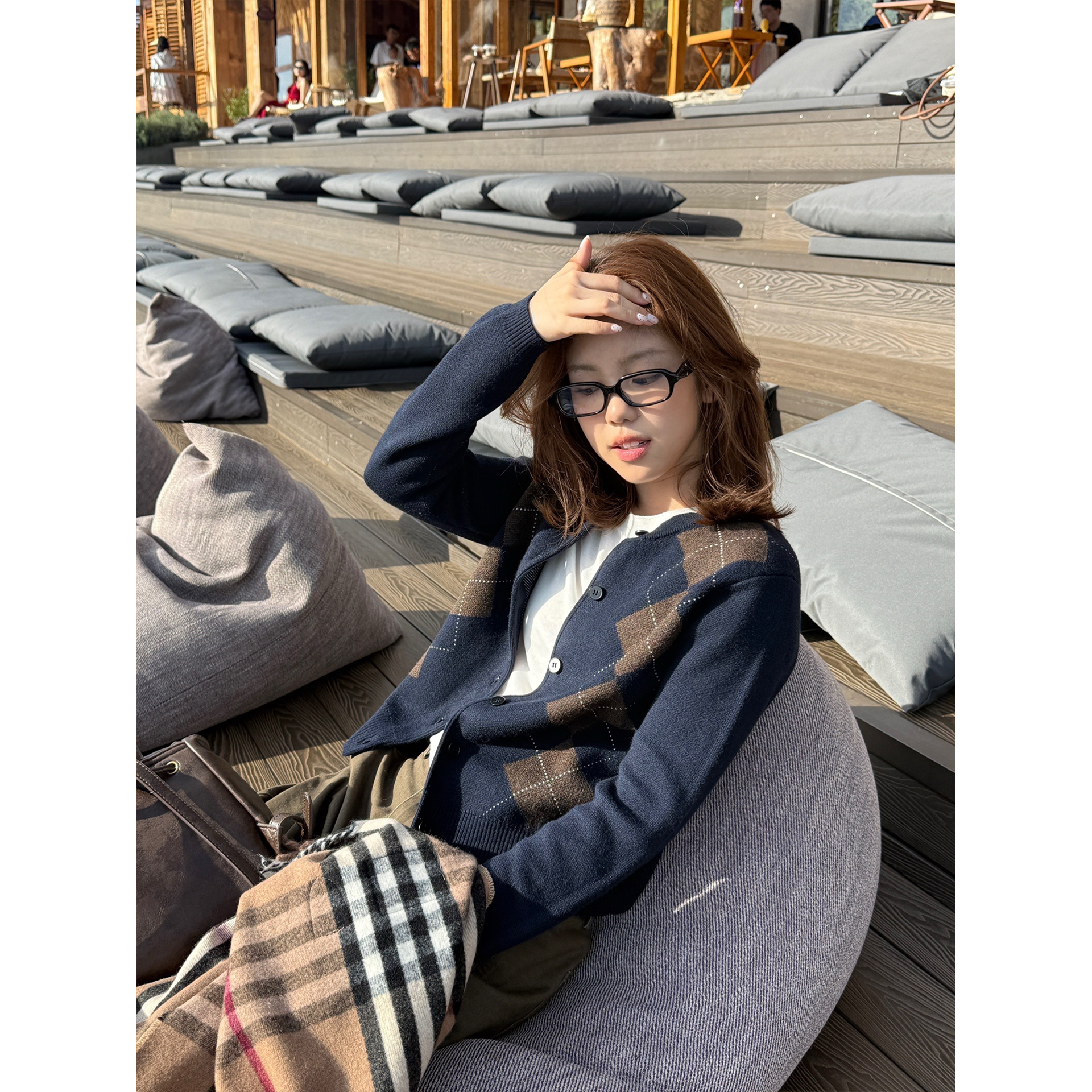 韩系气质撞色菱格圆领针织开衫女早秋新款修身显瘦休闲百搭上衣