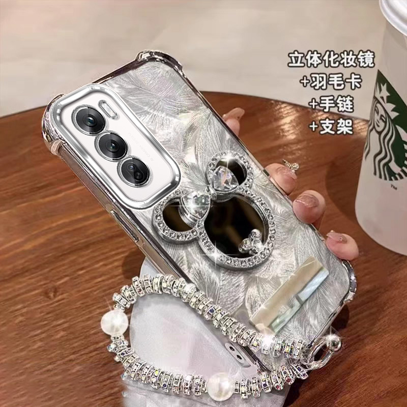 轻奢适用opporeno12手机壳镜子手链Reno12Pro四角防摔带镜头膜ins