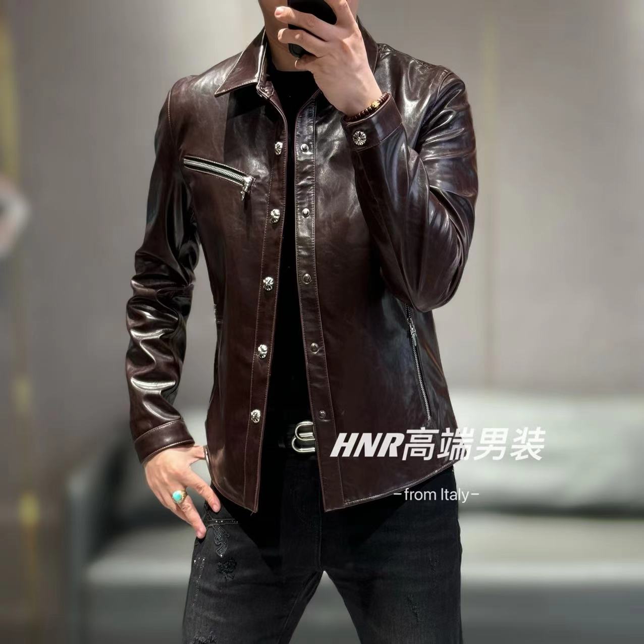 【真皮夹克】高端男士克罗定制油蜡羊皮夹克24173