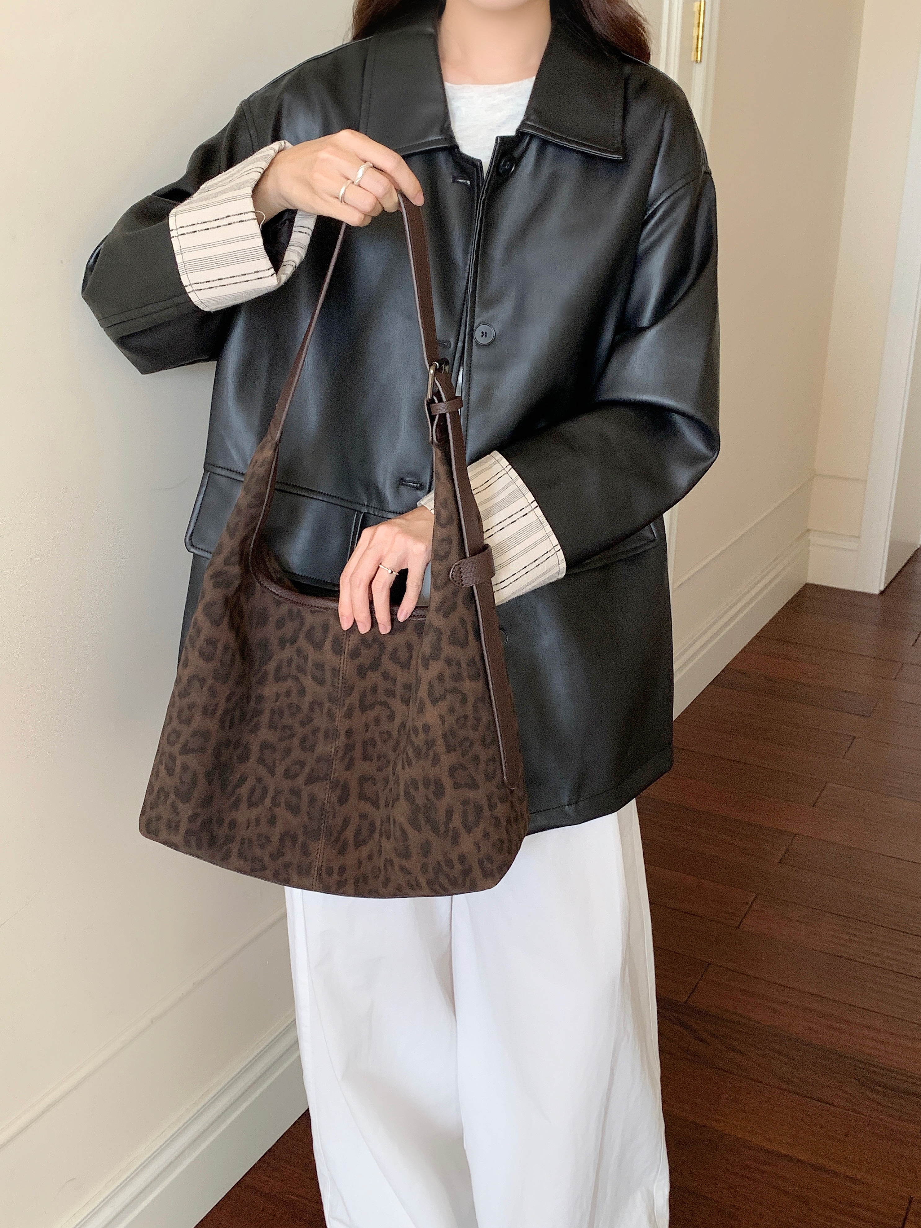 竹笋喵喵 韩系ins豹纹斜挎托特包女2025秋冬新款通勤百搭单肩包包