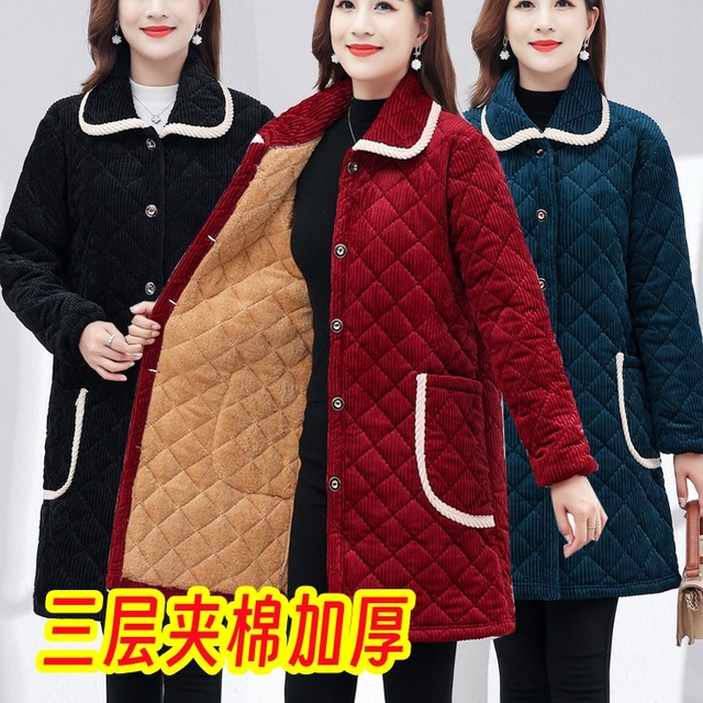 女装冬装加绒加厚棉服灯芯绒中长款保暖夹棉棉衣宽松大码长款外套
