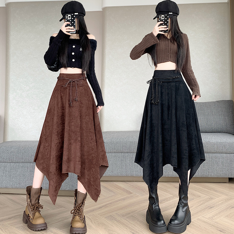 不规则半身裙女冬季新款高腰字伞裙美拉德穿搭麂皮绒中长裙秋冬