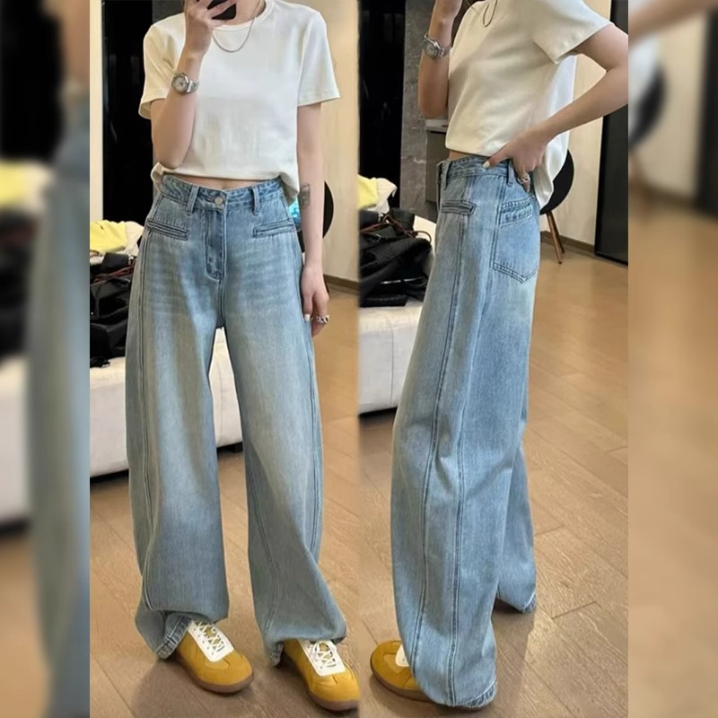 欧货蓝色镰刀弯刀牛仔裤女2025夏季新款大码胖mm高腰阔腿香蕉裤子