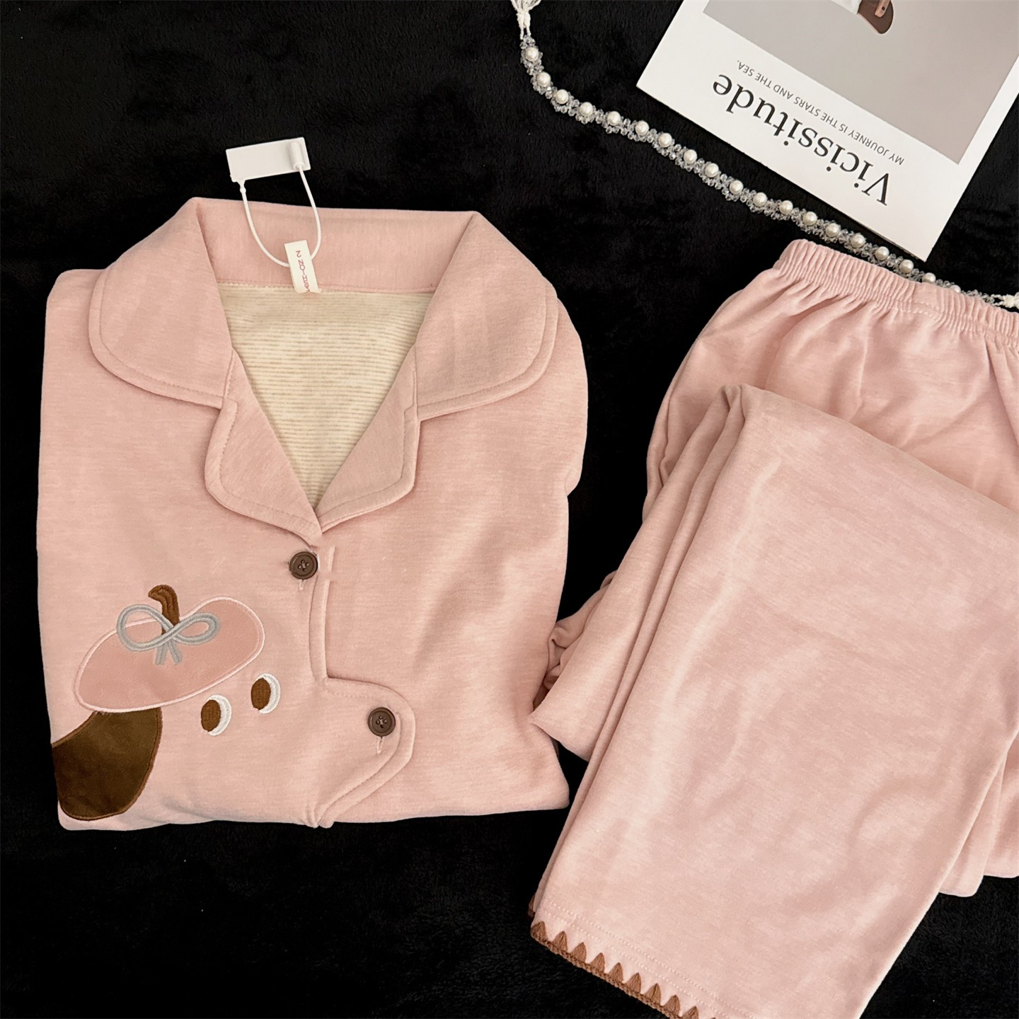 德绒睡衣女秋冬季加厚保暖磨毛日系可爱小狗刺绣少女可外穿家居服