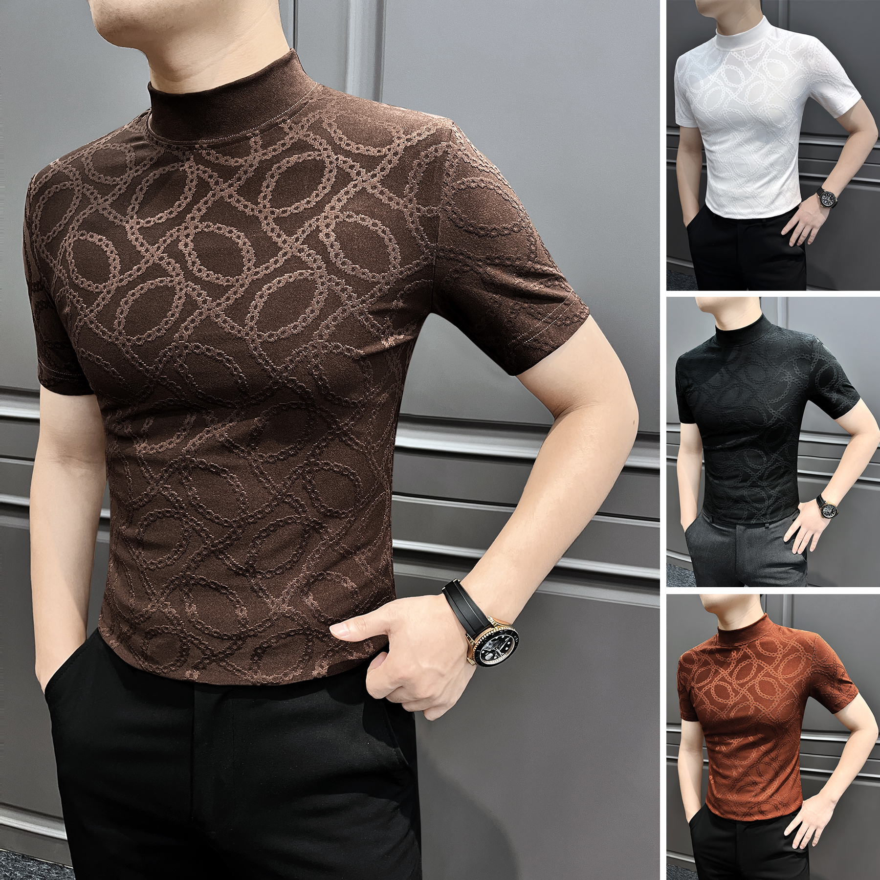 提花半高领短袖T恤男款秋冬韩版弹力修身潮流网红半袖男士打底衫