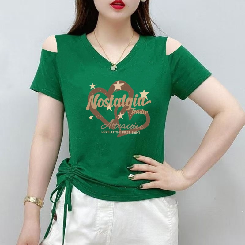气质露肩短袖t恤女士2025夏季新款v领绑带修身上档次高贵女装体恤