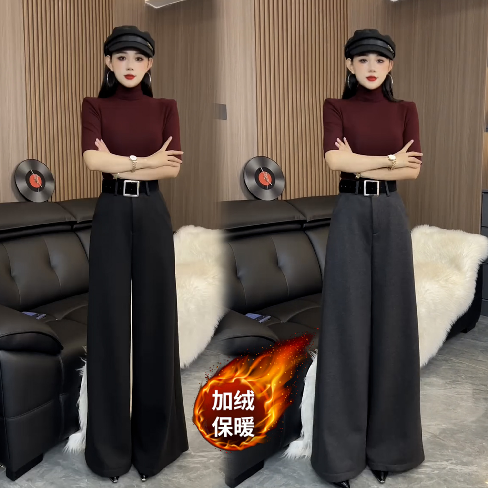 加绒呢料阔腿宽松遮肉显瘦高级毛呢直筒拖地长裤k782 （带腰带）