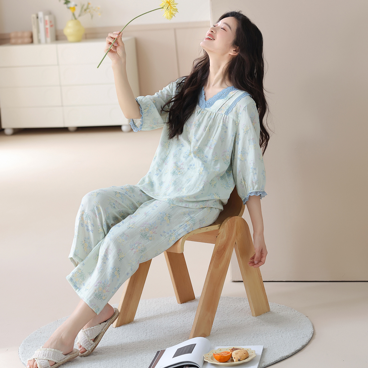 秋鹿双层纱睡衣女2025睡衣春秋女季碎花七分袖家居服