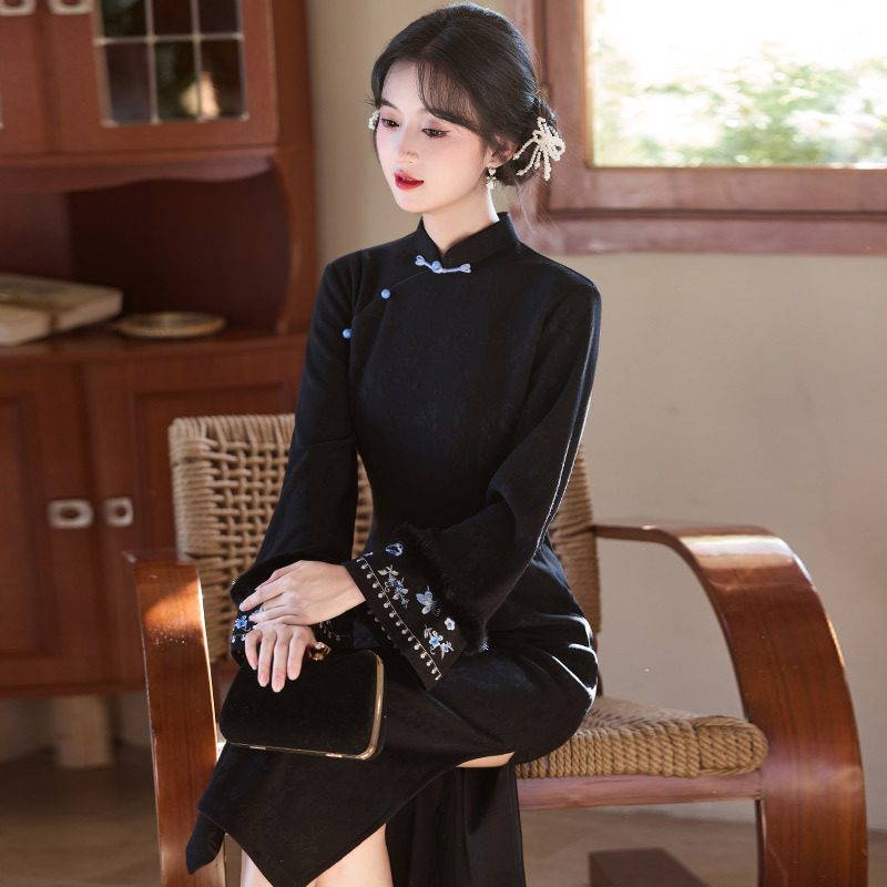 【三番·道别】黑色加厚秋冬装国风新中式长袖旗袍2025新款女复古