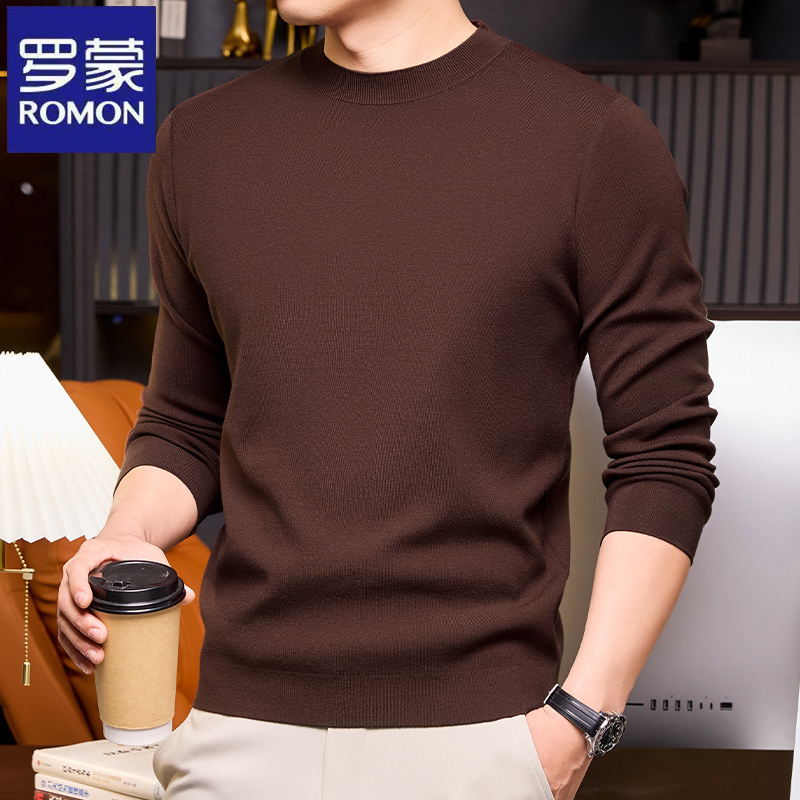 罗蒙纯色休闲中青年宽松长袖毛衣秋冬季圆领男士经典打底针织上衣