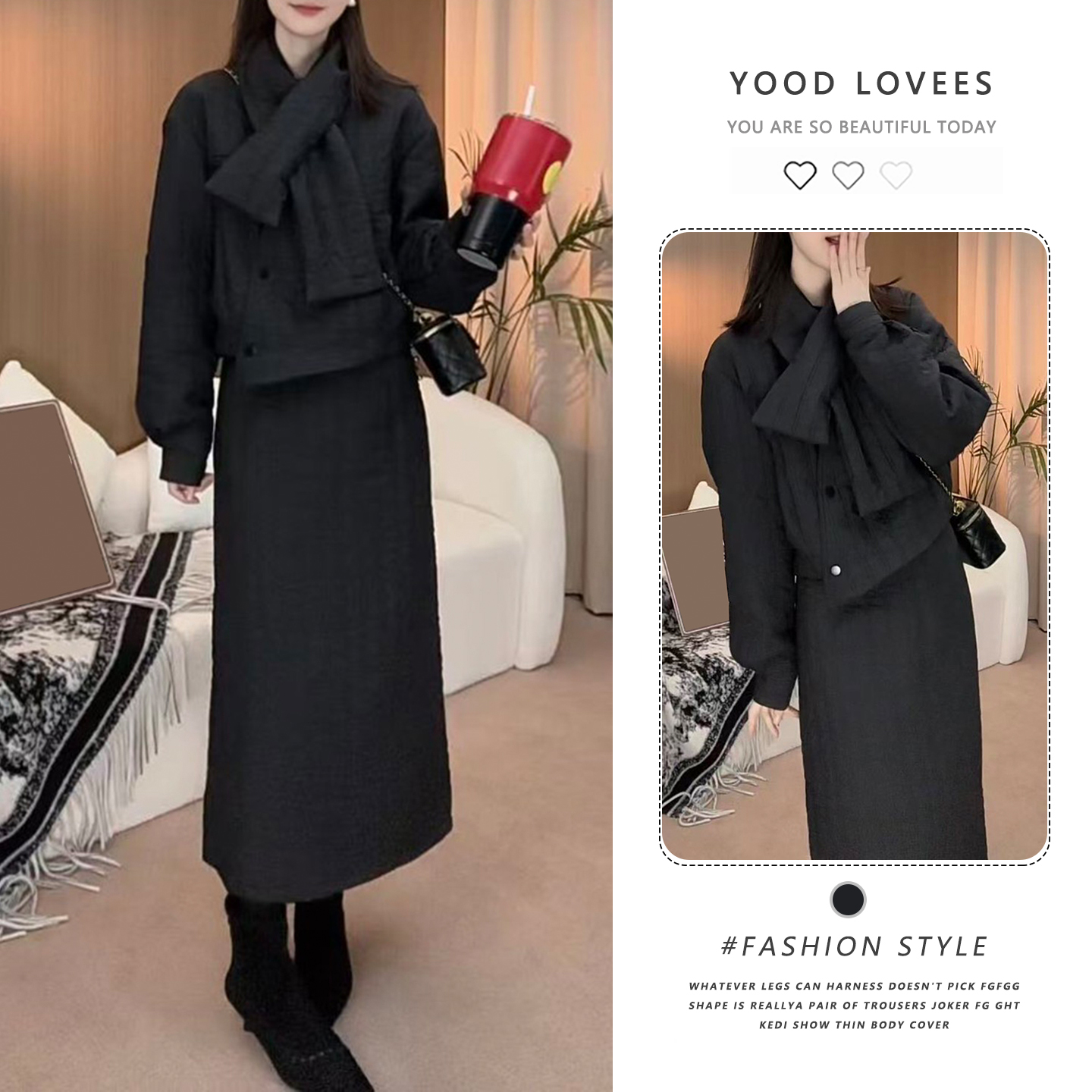 秋冬季新款肌理感围巾棉服外套半身裙时尚设计宽松显瘦三件套装女