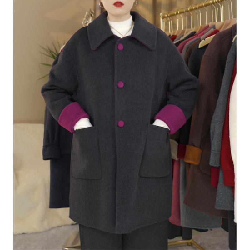 中年妈妈双面呢羊绒大衣女秋冬装宽松过膝长款羊毛呢外套女8533
