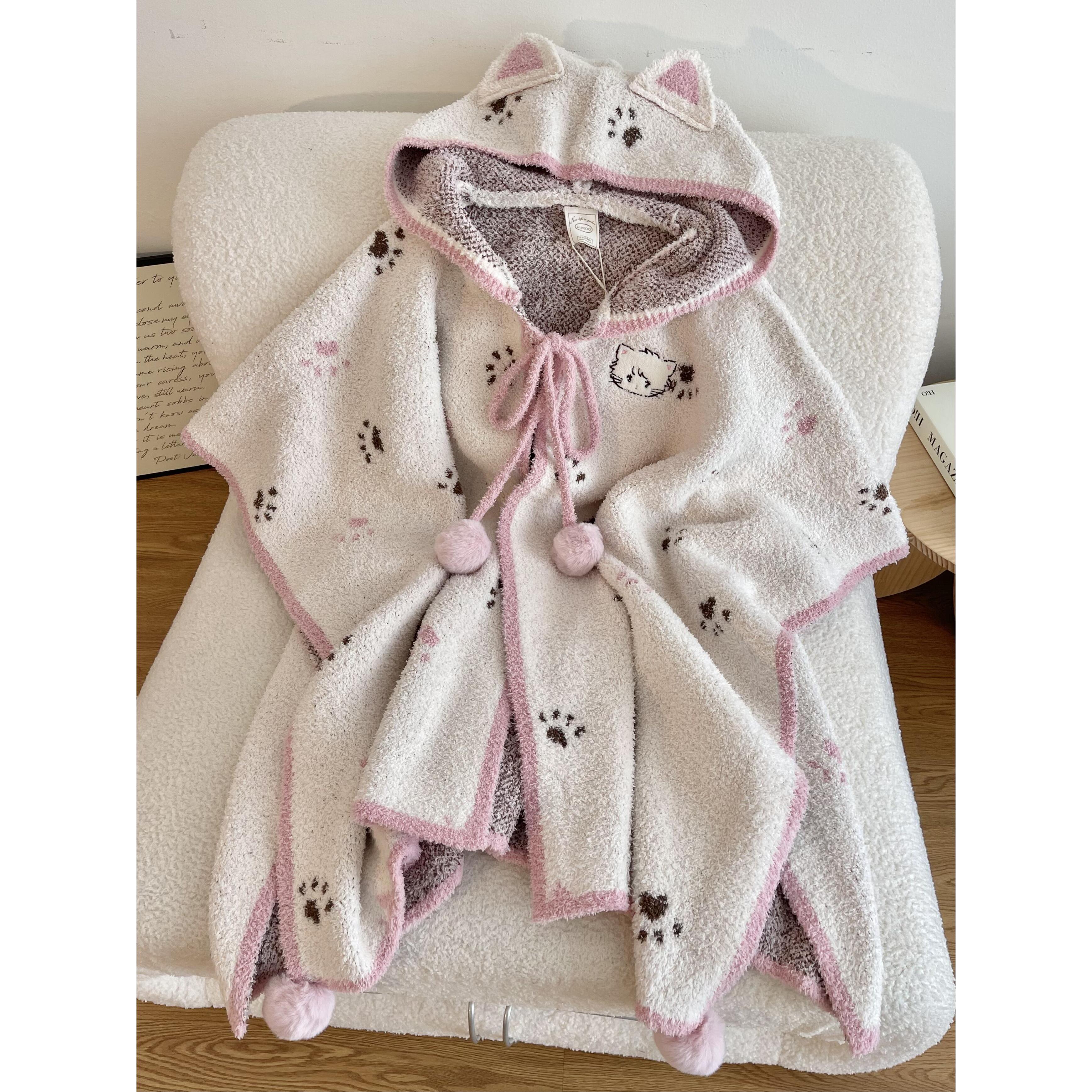 小爪印猫耳披肩斗篷秋冬新款睡衣女韩系可爱卡通休闲家居睡袍套装