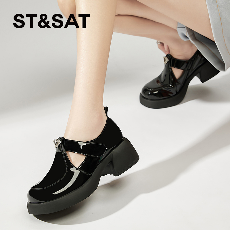 星期六羊皮5.5CM厚底玛丽珍鞋漆皮小皮鞋2025秋季增高复古乐福鞋