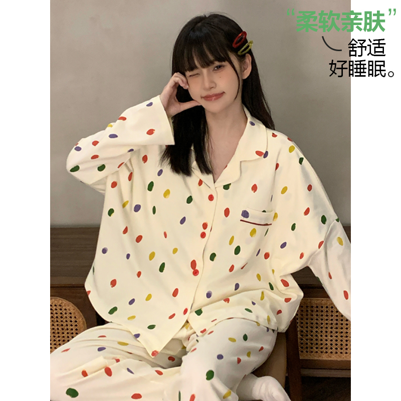 日系网红简约波点ins睡衣女春秋季新款甜美清新少女风家居服套装