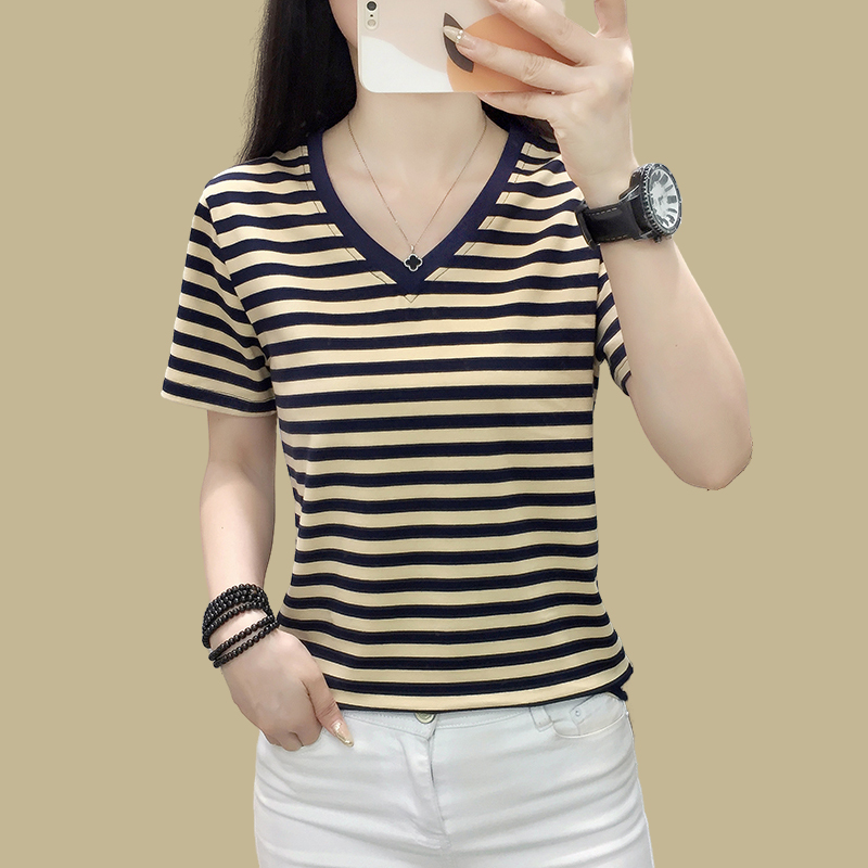 棉质短袖t恤女夏装2025新款条纹宽松上衣服胖妈妈装半袖大码遮肚