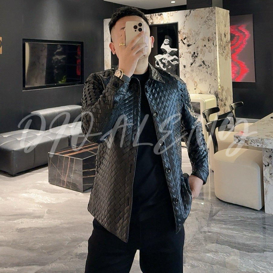 【帅老板】24055秋季高奢男士精工编织绵羊皮翻领皮夹克
