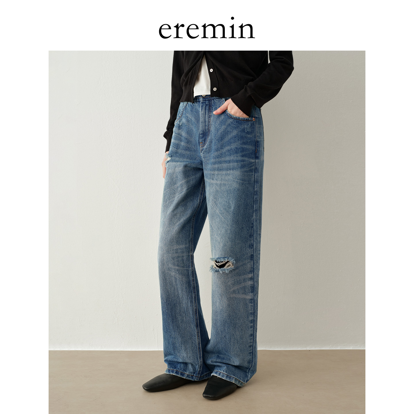 DE Mincollection磨破牛仔裤/宽版重工猫须纹水洗破洞牛仔裤55980