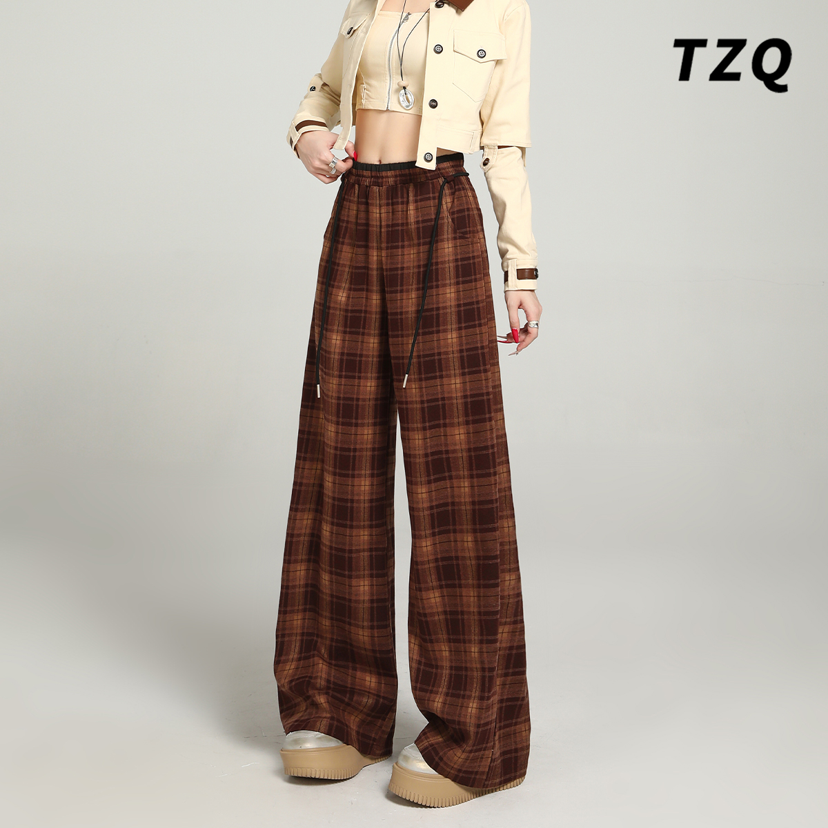 咖色格子阔腿裤女秋季2025新款高腰显瘦遮肉慵懒直筒宽松休闲裤子