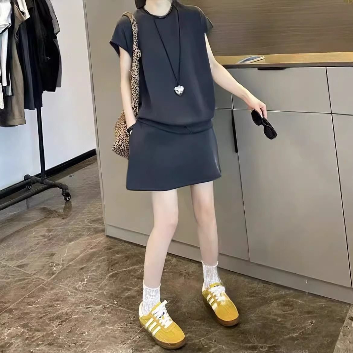 大码300斤时尚休闲减龄套装女夏季短袖T恤半身短裙宽松显瘦两件套