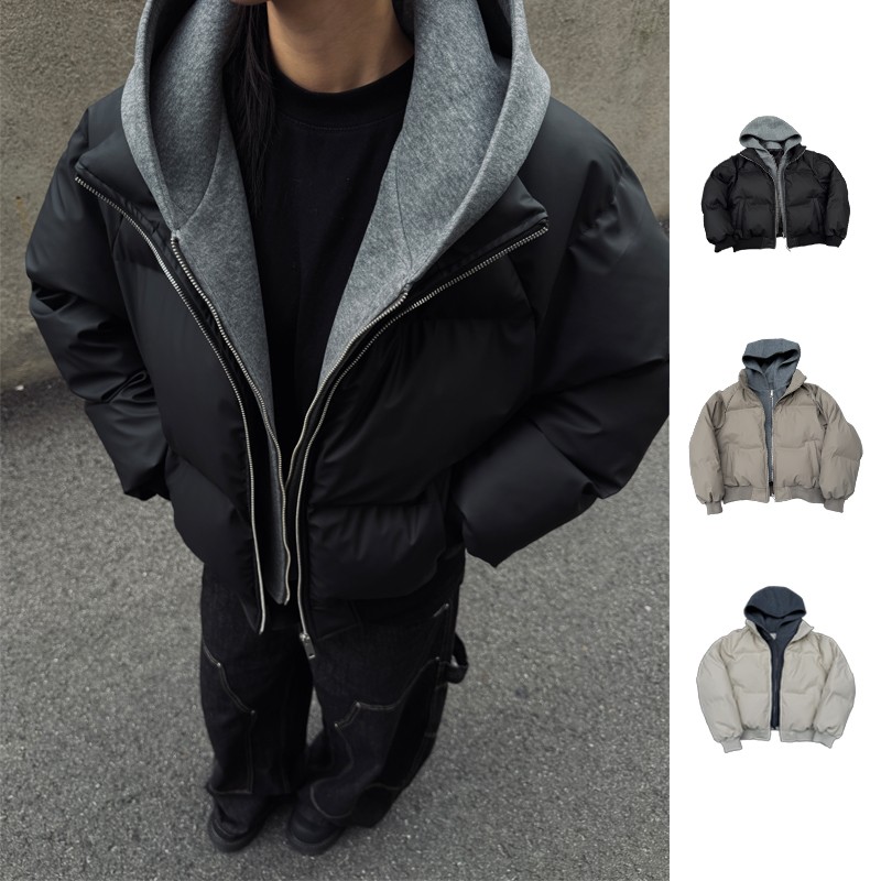 黑色cleanfit假两件连帽棉衣男冬季加厚保暖短款美式潮牌棉服外套