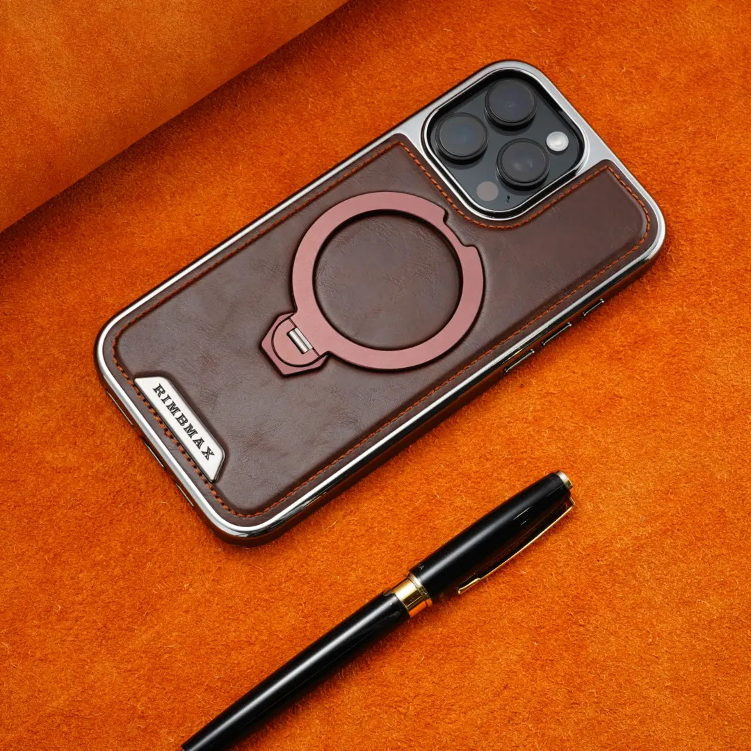 适用于苹果16ProMax旋转磁吸支架手机壳高档皮纹iPhone15全包防摔