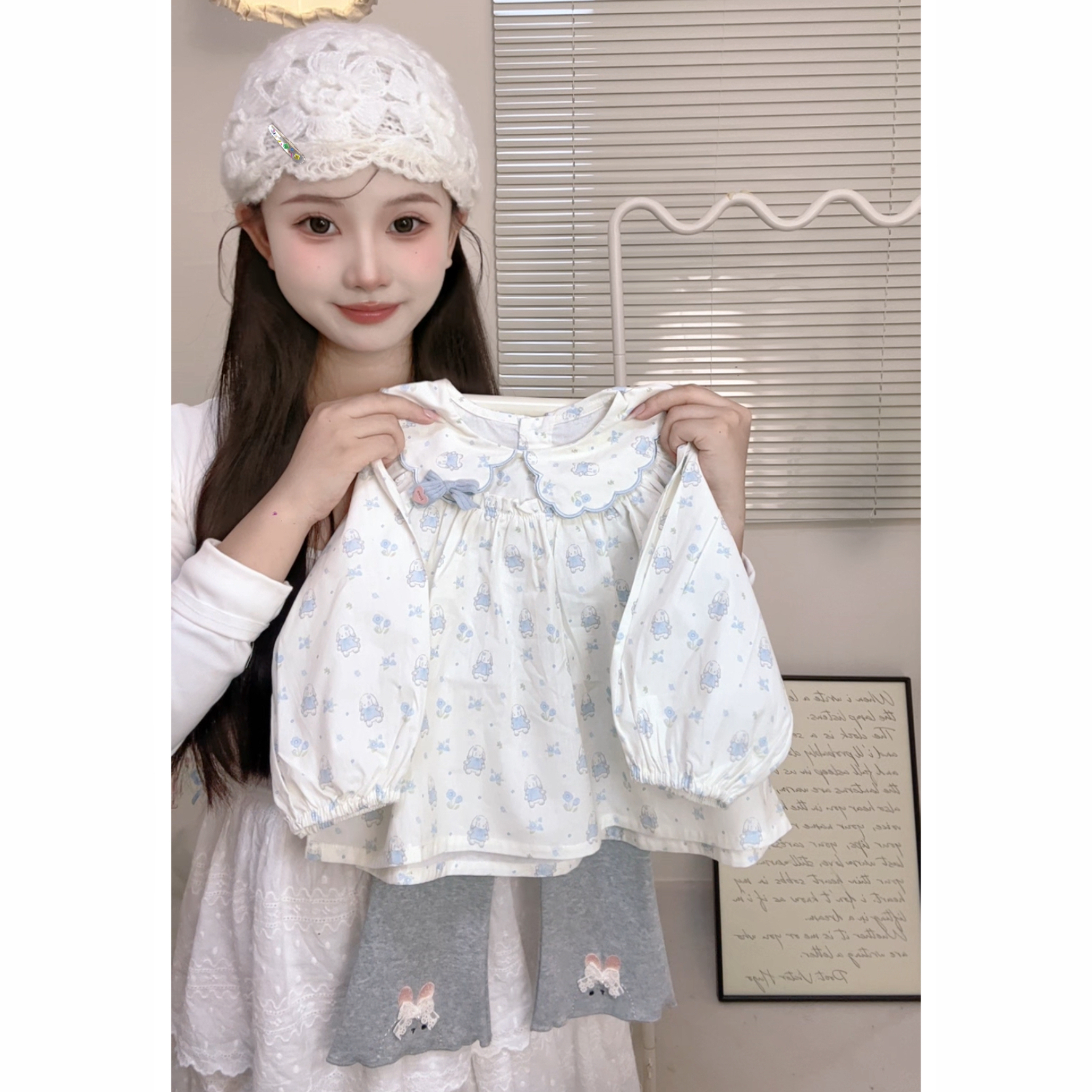 长袖透气春夏夏季碎花女卡通动漫风格衬衫春秋甜美