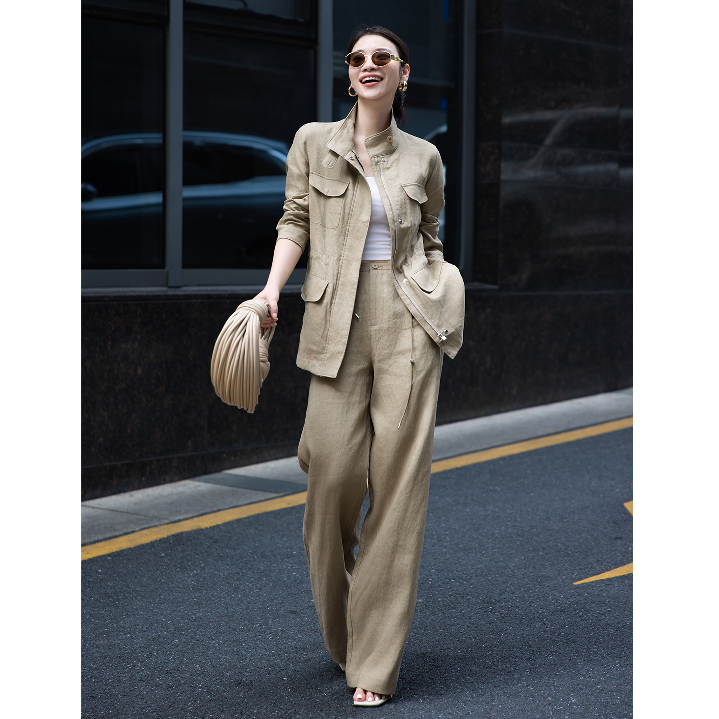 2025欧洲站洋气亚麻老钱风套装显瘦气质外套直阔裤小个子两件套潮