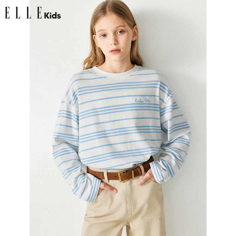 3855 ELLE KIDS法式度假春秋季女童松弛感宽松条纹T恤C1