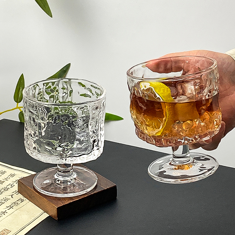 设计感树皮纹高脚杯ins家用玻璃杯咖啡杯果汁杯气泡水杯饮料杯子