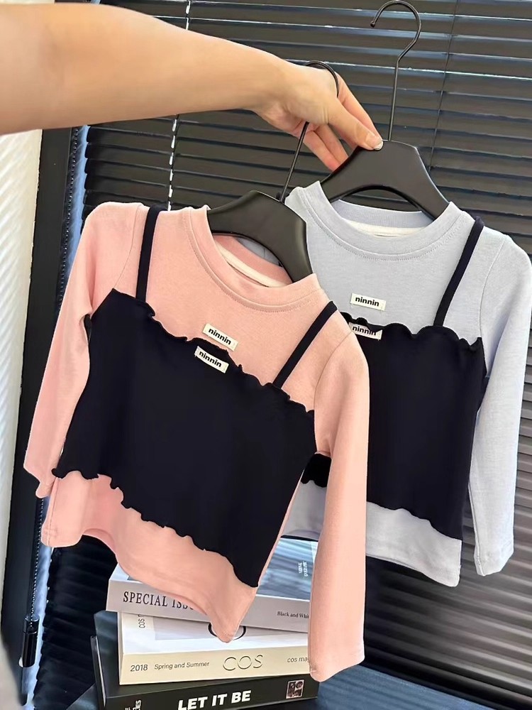 女童时尚拼色长袖T恤2025秋季新款韩版儿童洋气百搭假两件上衣潮
