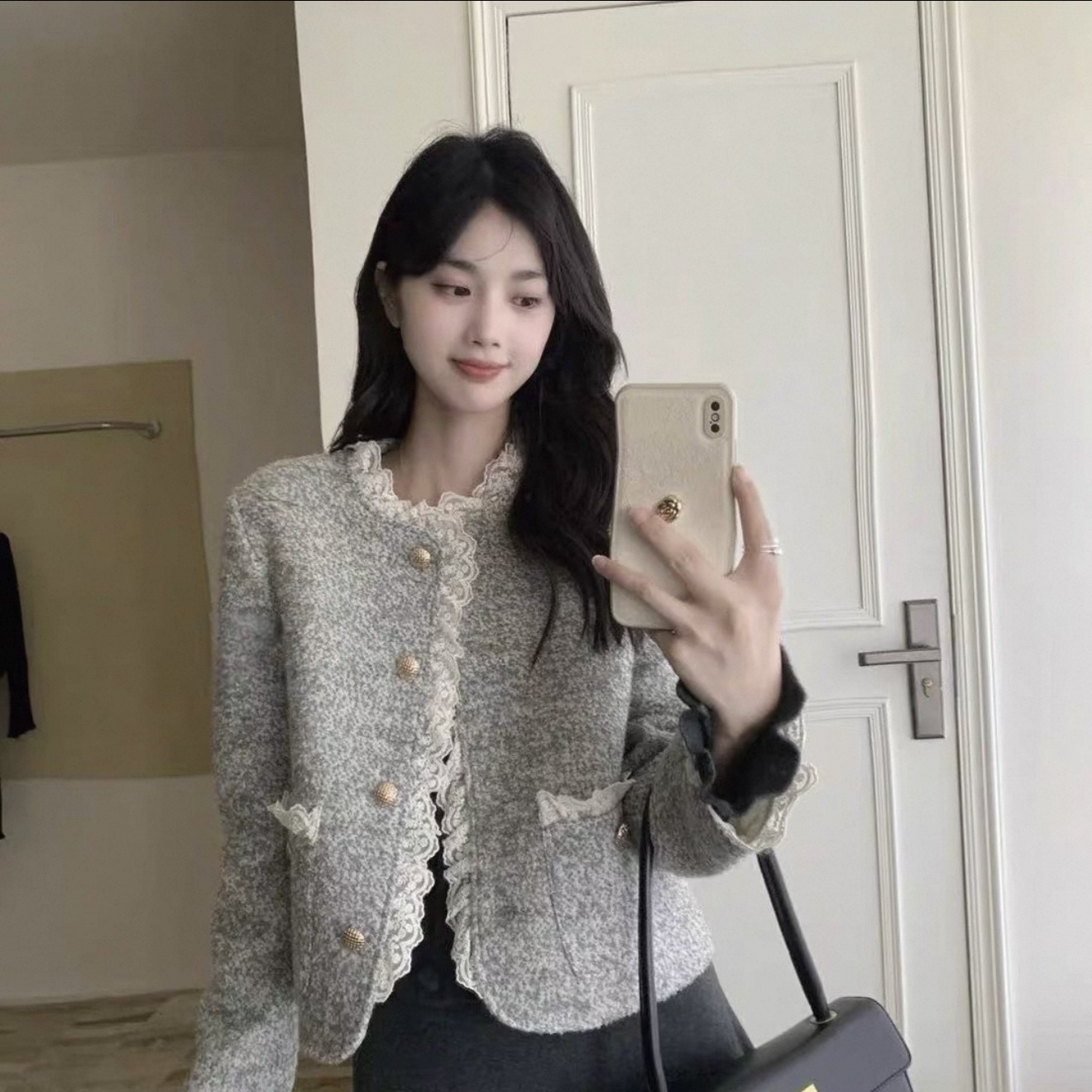 450-蕾丝花边拼接小香风仿水貂绒外套女春季新款宽松百搭针织开衫