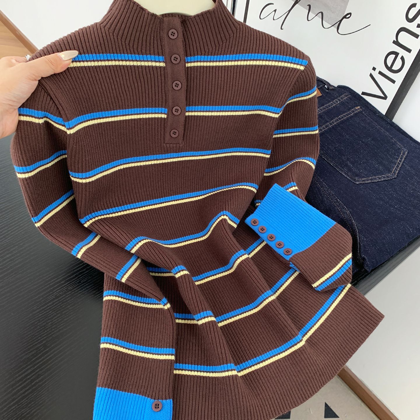 【80-200斤】半高领撞色针织衫上衣女秋冬纽扣法式正肩毛衣打底衫潮