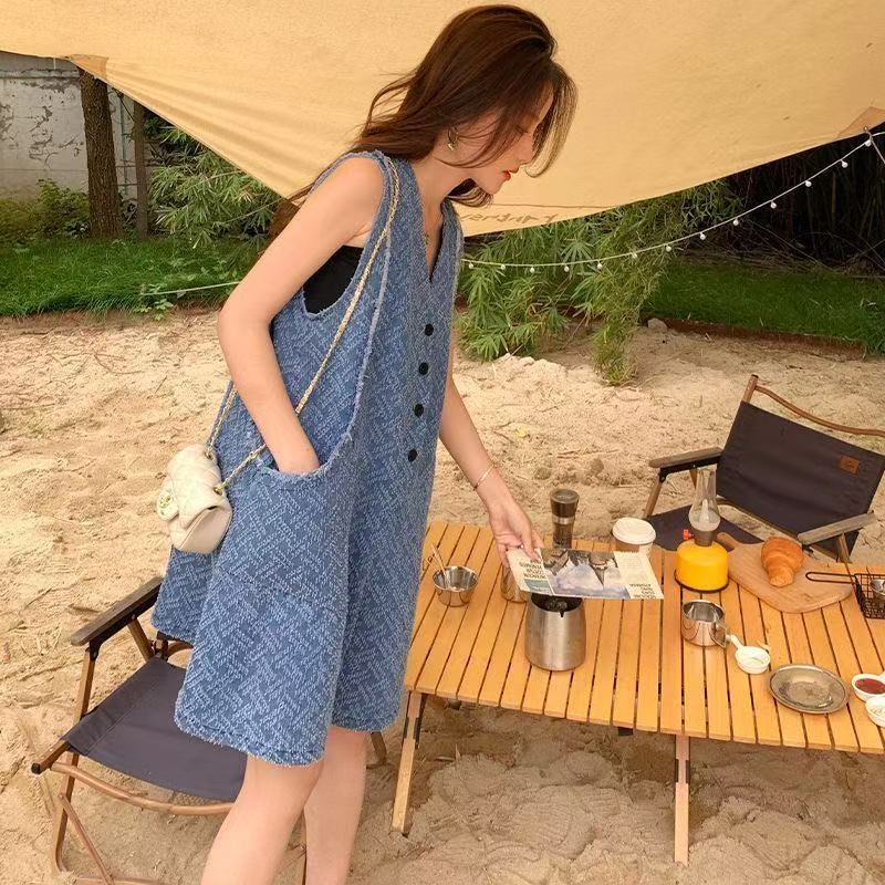 无袖背心牛仔连体裤女夏V领韩版宽松显瘦气质高级感小个子连衣裤