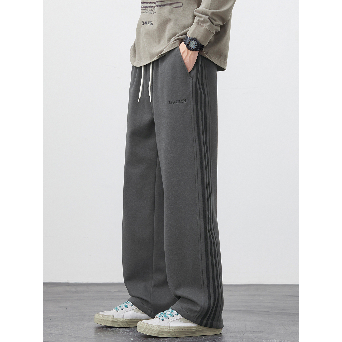 Kuvine高街三条杠阔腿休闲裤男秋季美式复古宽松直筒针织运动卫裤