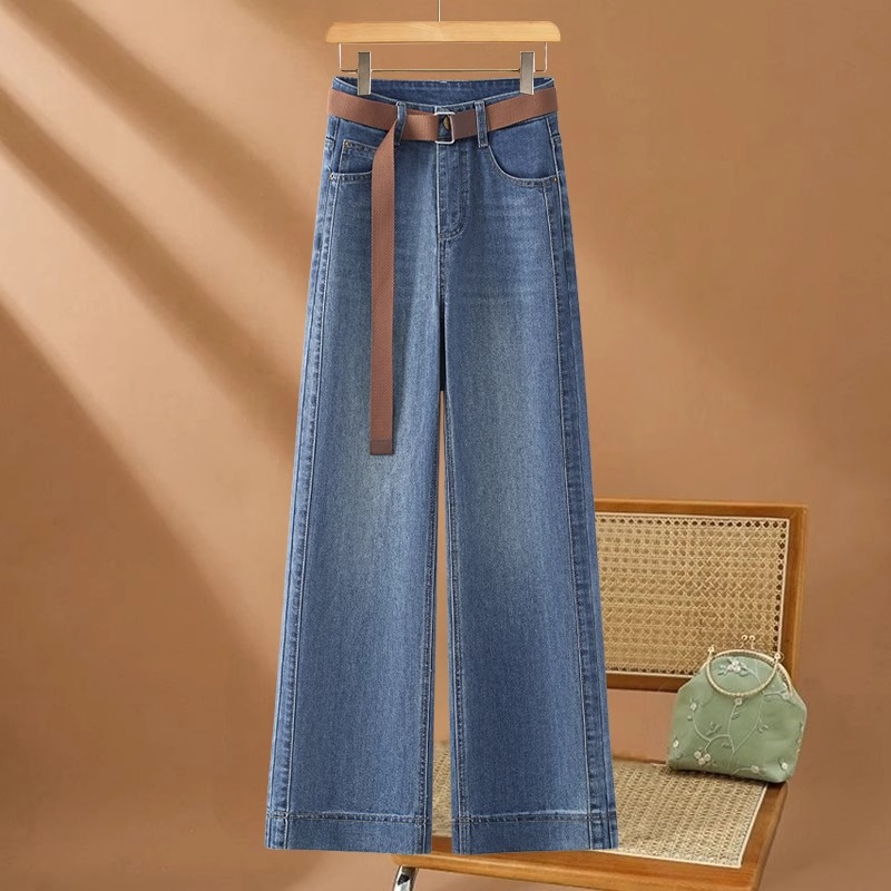 丹宁蓝窄版阔腿牛仔裤女春秋季2025新款高腰垂感小个子九分直筒裤