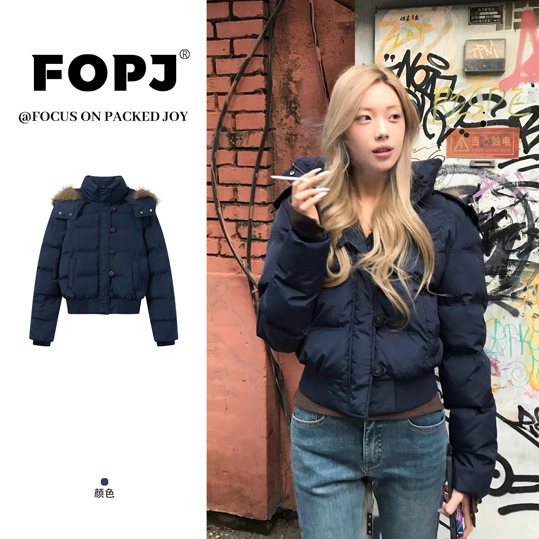 FOPJ美式复古座山雕毛领连帽棉服短外套女设计感加绒保暖上衣