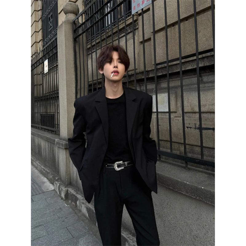 英伦雅痞黑色西装外套男款秋季高级感痞帅那不勒斯韩系西服夹克潮